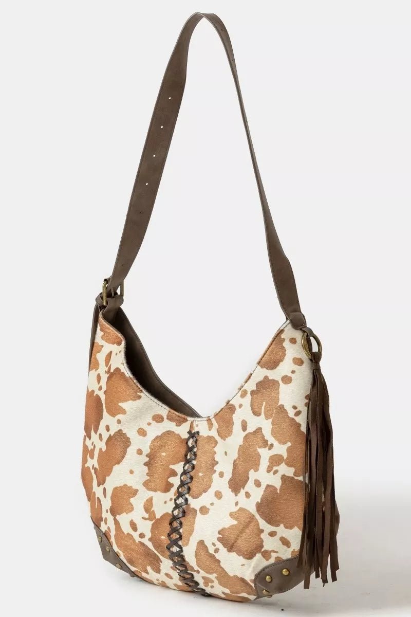 Studded Cow Print Hobo Shoulder Bag - KAM Family Botanics