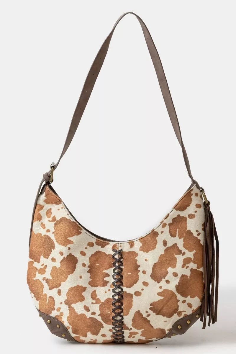 Studded Cow Print Hobo Shoulder Bag - KAM Family Botanics
