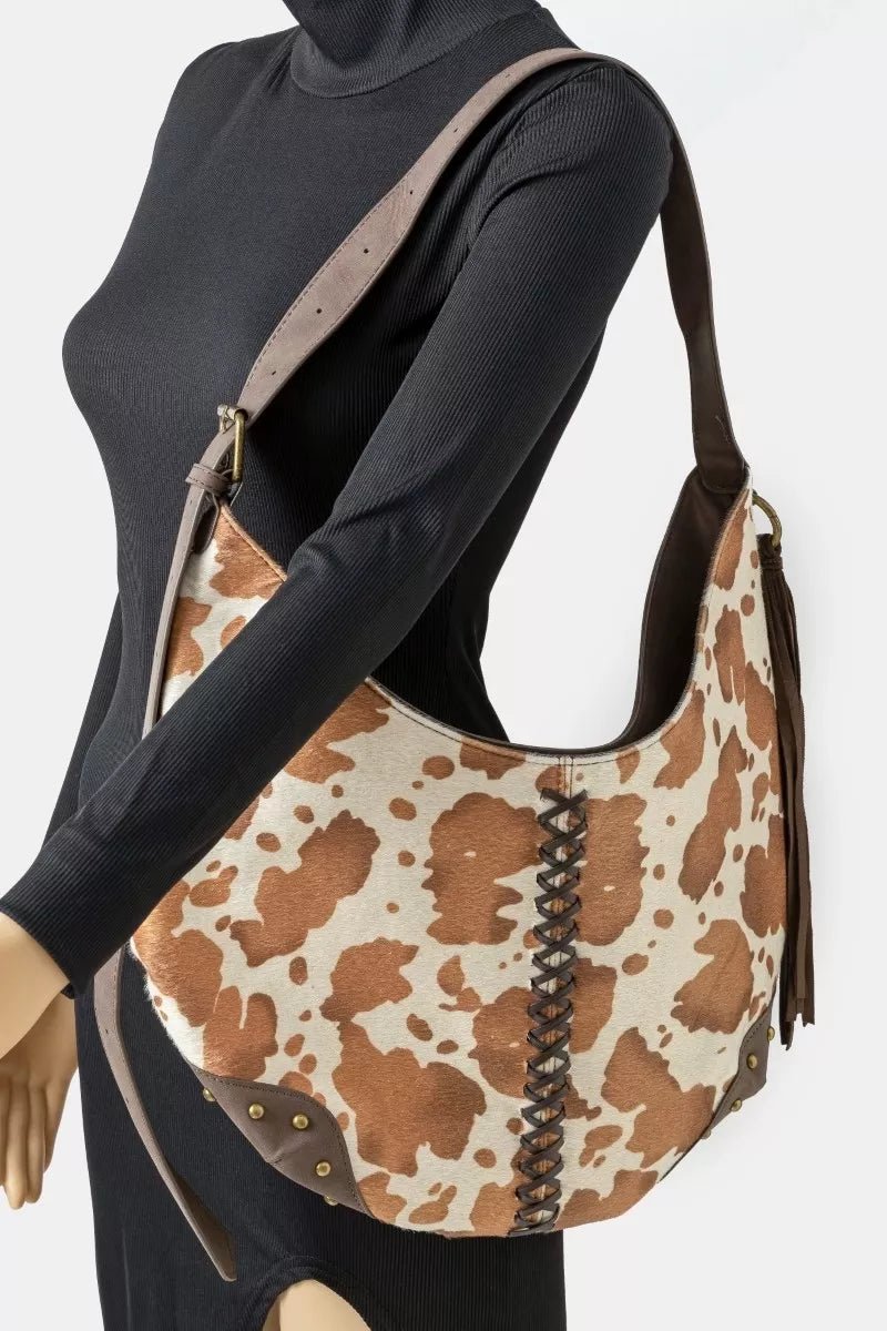 Studded Cow Print Hobo Shoulder Bag - KAM Family Botanics